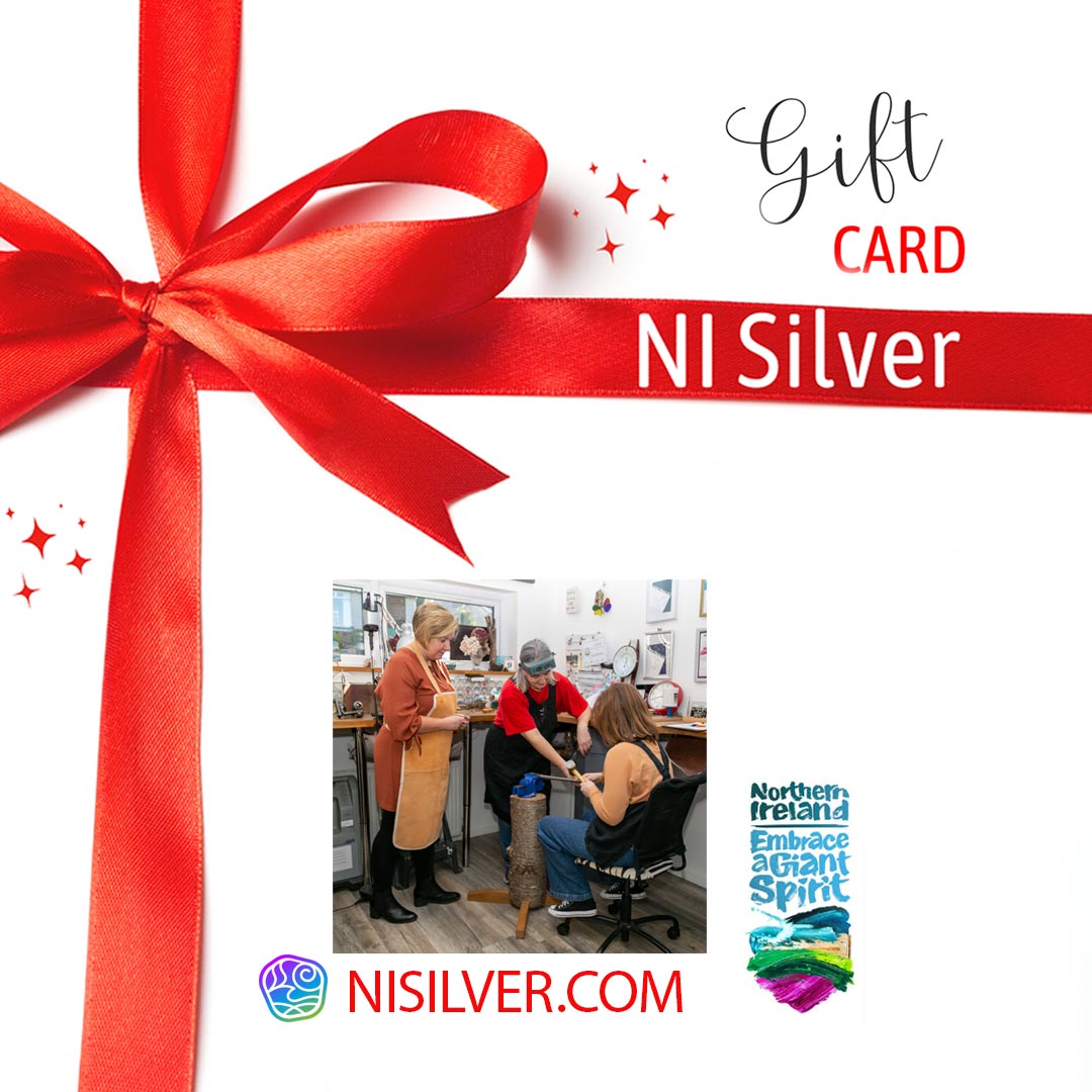 NI Silver Jewellery Beginners Jewellery Making Experience Gift Card. This card can be purchased for our jewellery making experiences but without having to select a date for the recipient to attend. You will receive a unique code which you then give to the recipient and at their leisure they come back to the NI Silver Website and use the code during the experience checkout.