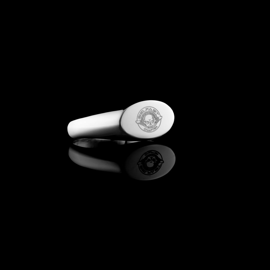 Harley Davidson Motorcycle - Belfast Chapter - symbol has been engraved onto a small oval sterling silver signet ring. Available for purchase from NI Silver Jewellery. NISILVER.com