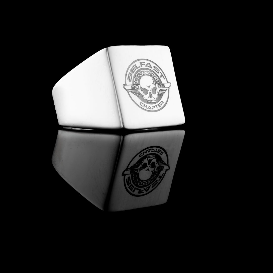 Harley Davidson Motorcycle - Belfast Chapter - symbol has been engraved onto a large square sterling silver signet ring. Available for purchase from NI Silver Jewellery. NISILVER.com