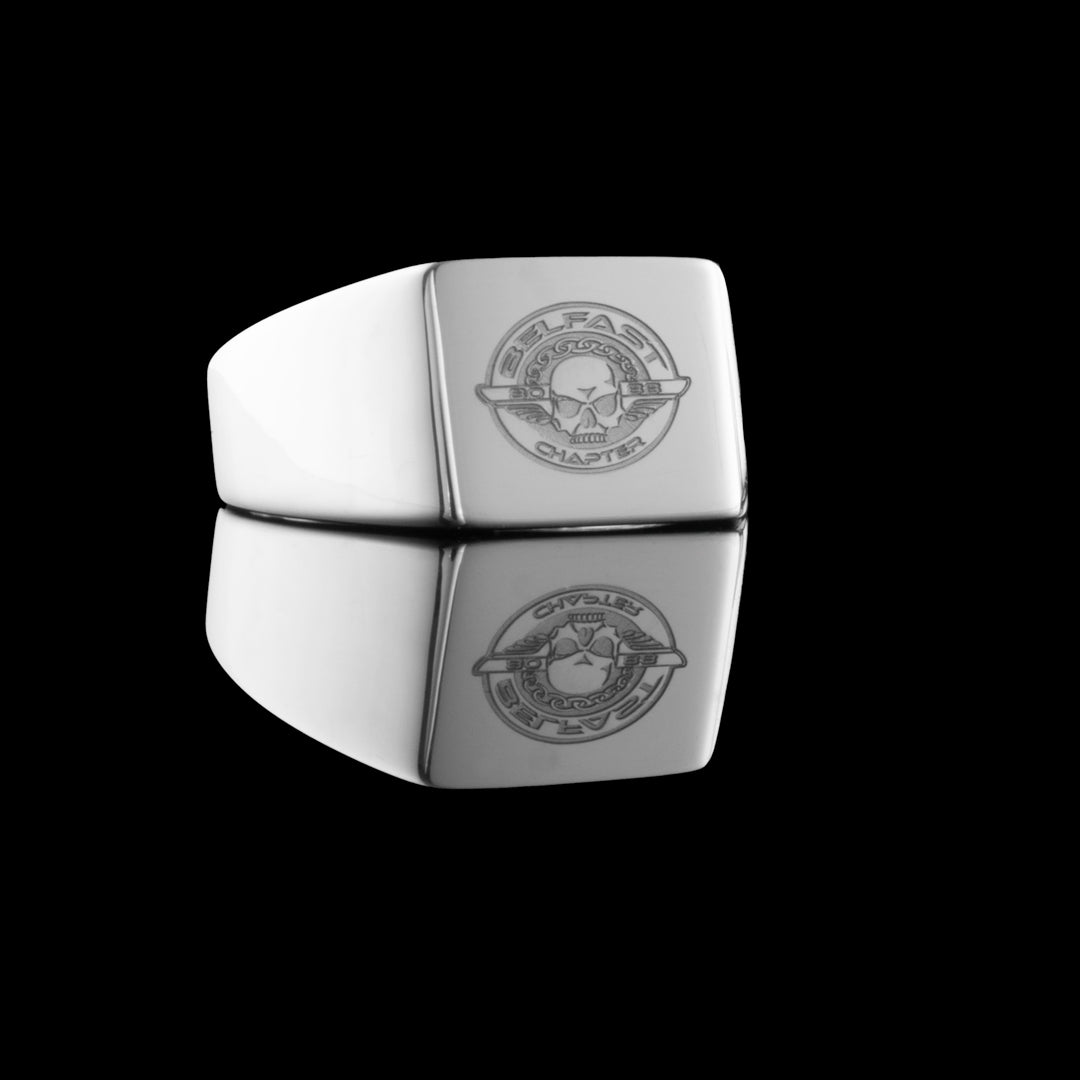 Harley Davidson Motorcycle - Belfast Chapter - symbol has been engraved onto a medium square sterling silver signet ring. Available for purchase from NI Silver Jewellery. NISILVER.com