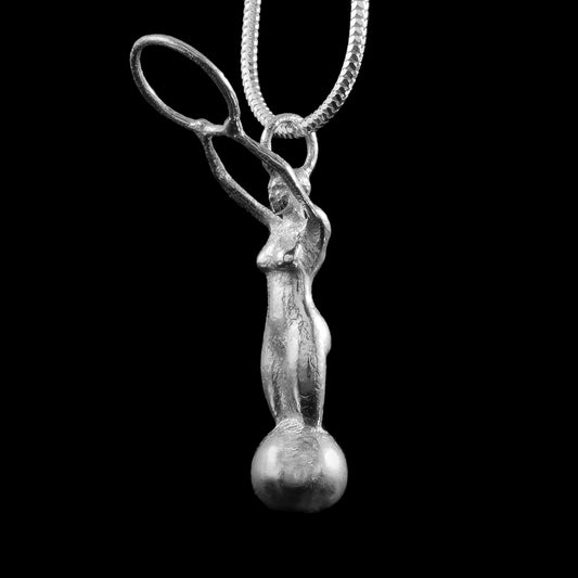 Thanksgiving Statue Silver Necklace, inspired by the Thanksgiving Statue in Belfast Northern Ireland. Our unusual silver jewellery piece is an amazing reproduction of the female form with her arm raised whilst holing a circle.