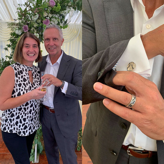 Ruth and the happy groom showing of the wedding ring and cufflinks commission that Ruth made for the wedding day.  It is not often the jewellery designer is invited to the wedding reception and it was a lovely day with a lovely couple.