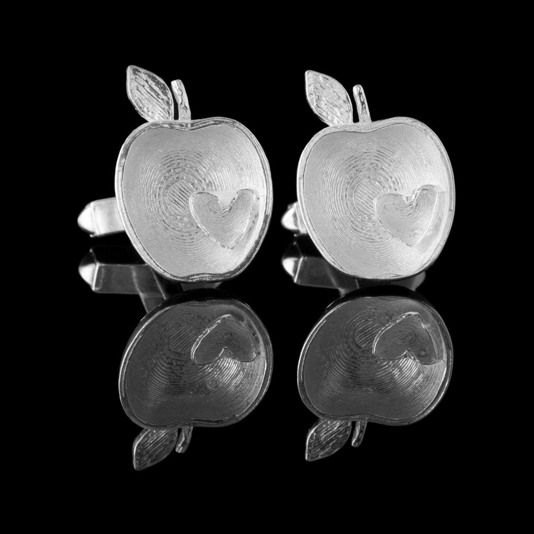 Armagh Apple Silver Cufflinks - The Bramley Apples of County Armagh designed as Sterling Silver Cufflinks with a love heart inserted.  Stunning nature inspired jewellery / alternate jewellery from Northern Ireland.