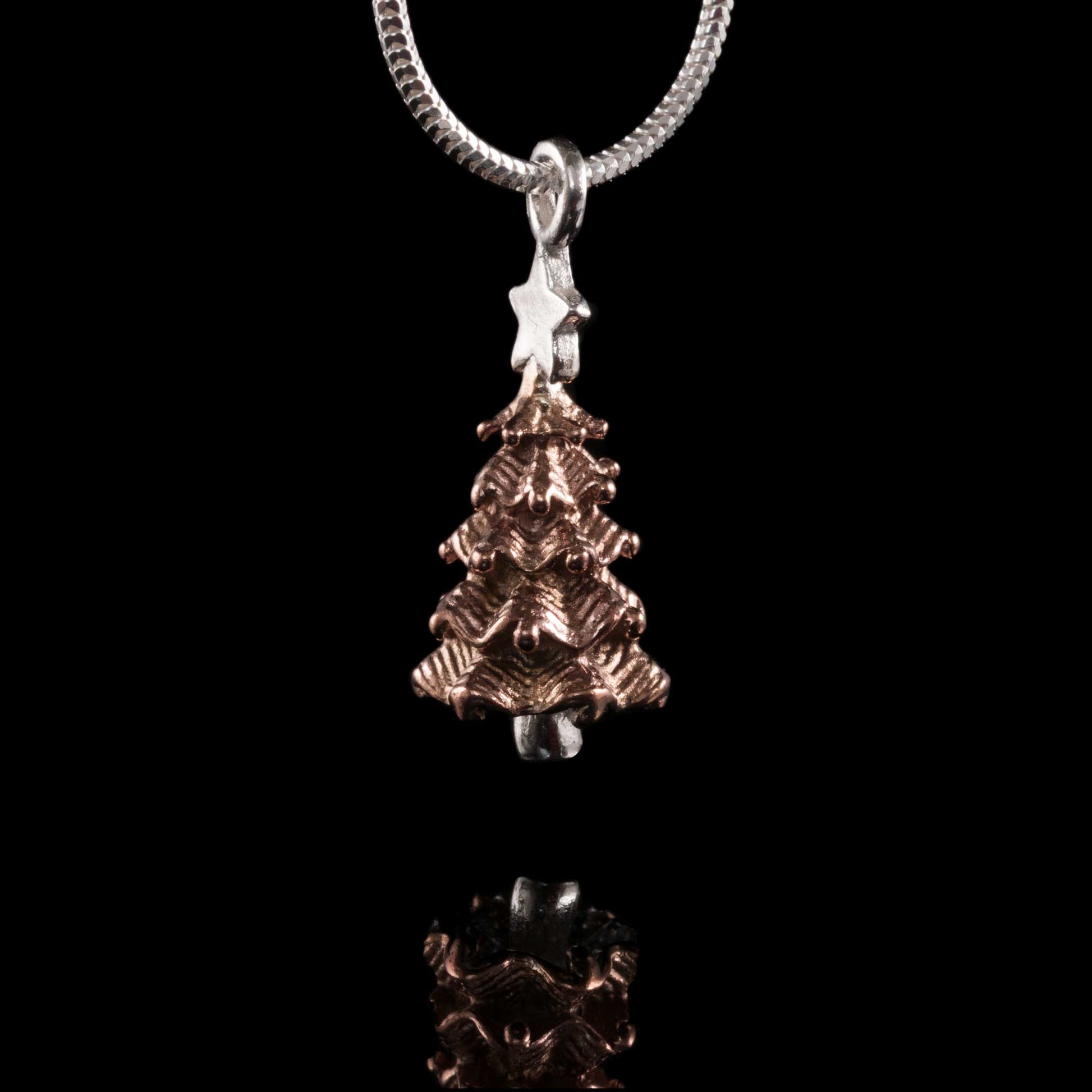 Christmas Tree Silver and Gold Necklace, solid 925 sterling silver with rose gold plate Christmas gift jewellery gift idea.  Christmas tree has a silver star on the top.