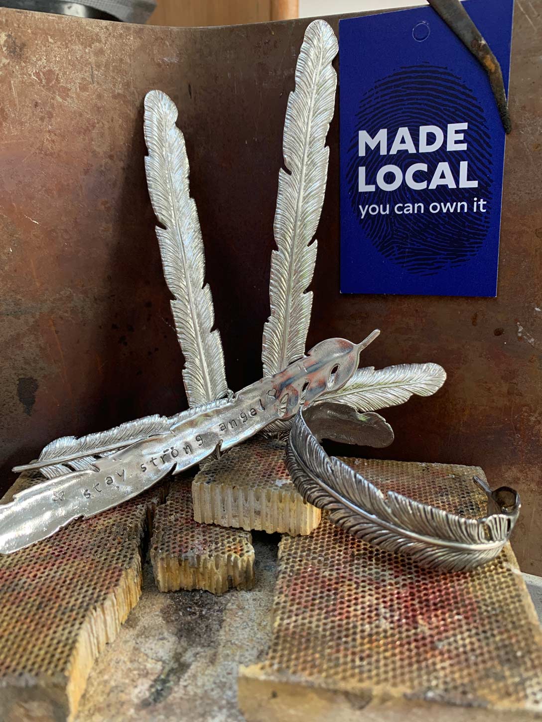 Sterling Silver feather bangles in the workshop
