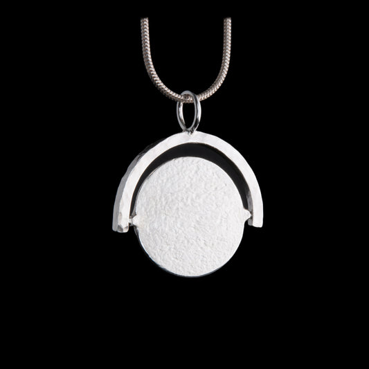 I love You silver circle within a half circle outer frame.  NI Silver jewellery handmade in Northern Ireland