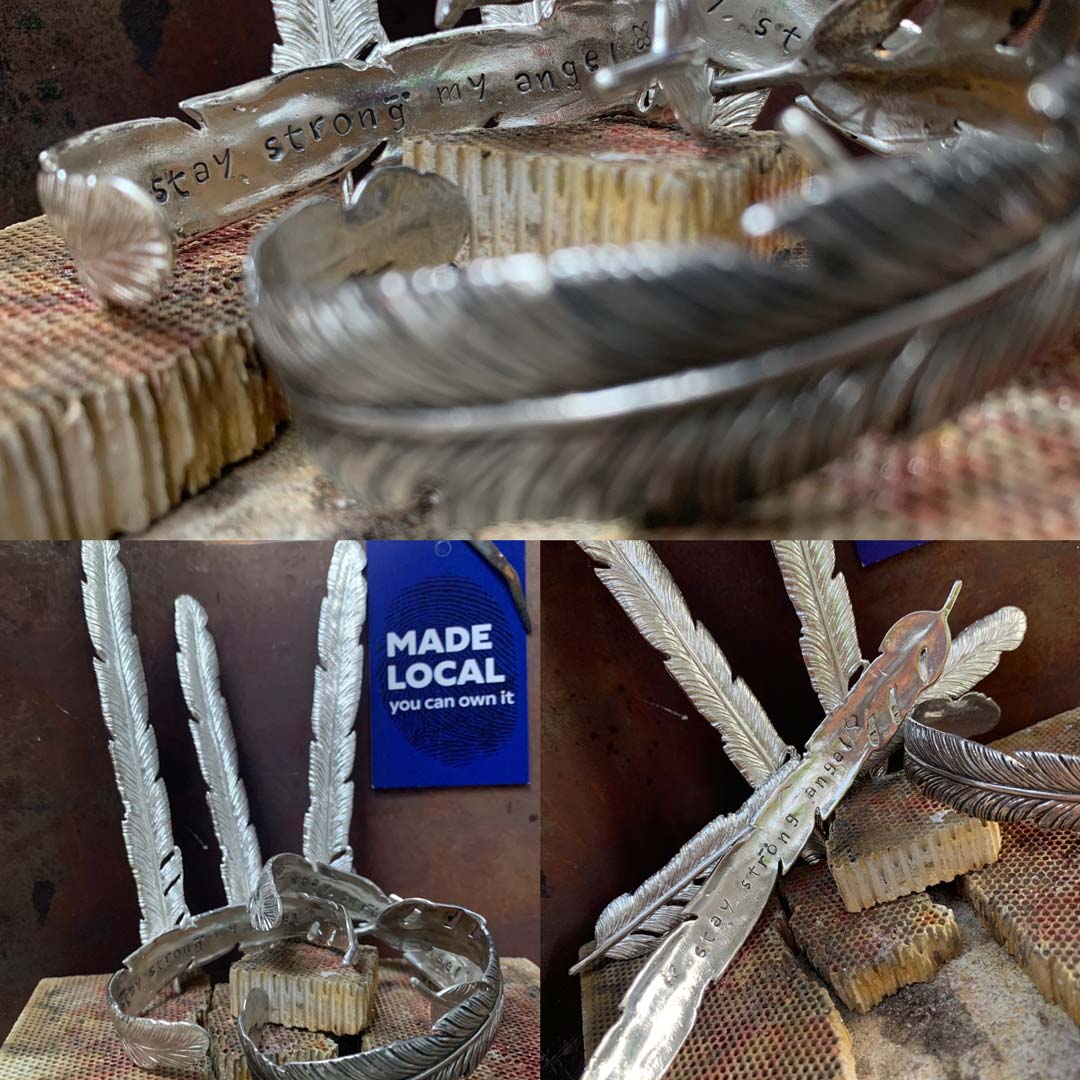 Collage of silver feather bangles made by NI silver.
