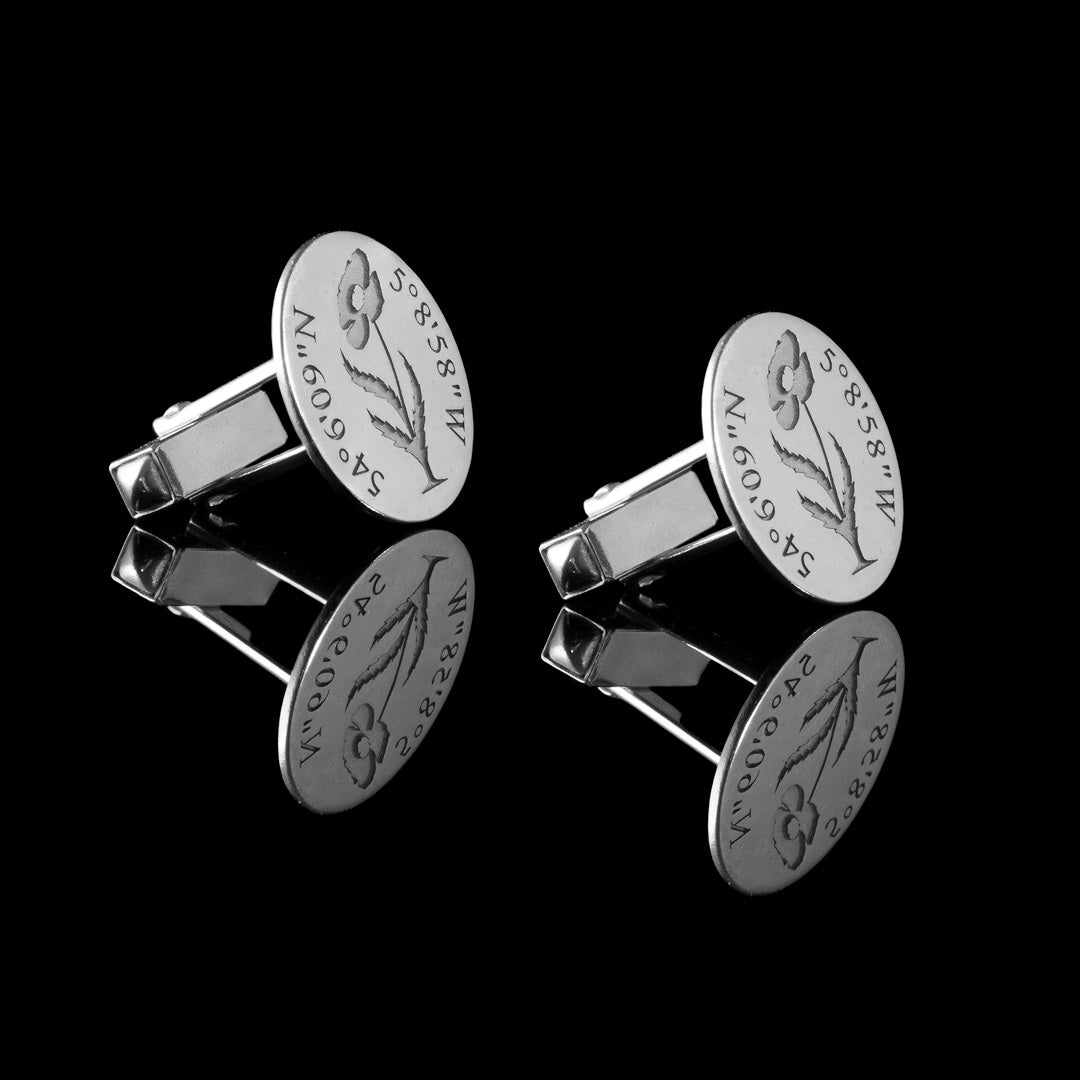 Bespoke Cufflinks - Somme solid silver Cufflinks, with a Poppy flower in the centre of the cufflink disk and the Latitude and Longitude corrdinates of the Somme Nursing Home around the front of the disk.  Made from sterling silver.