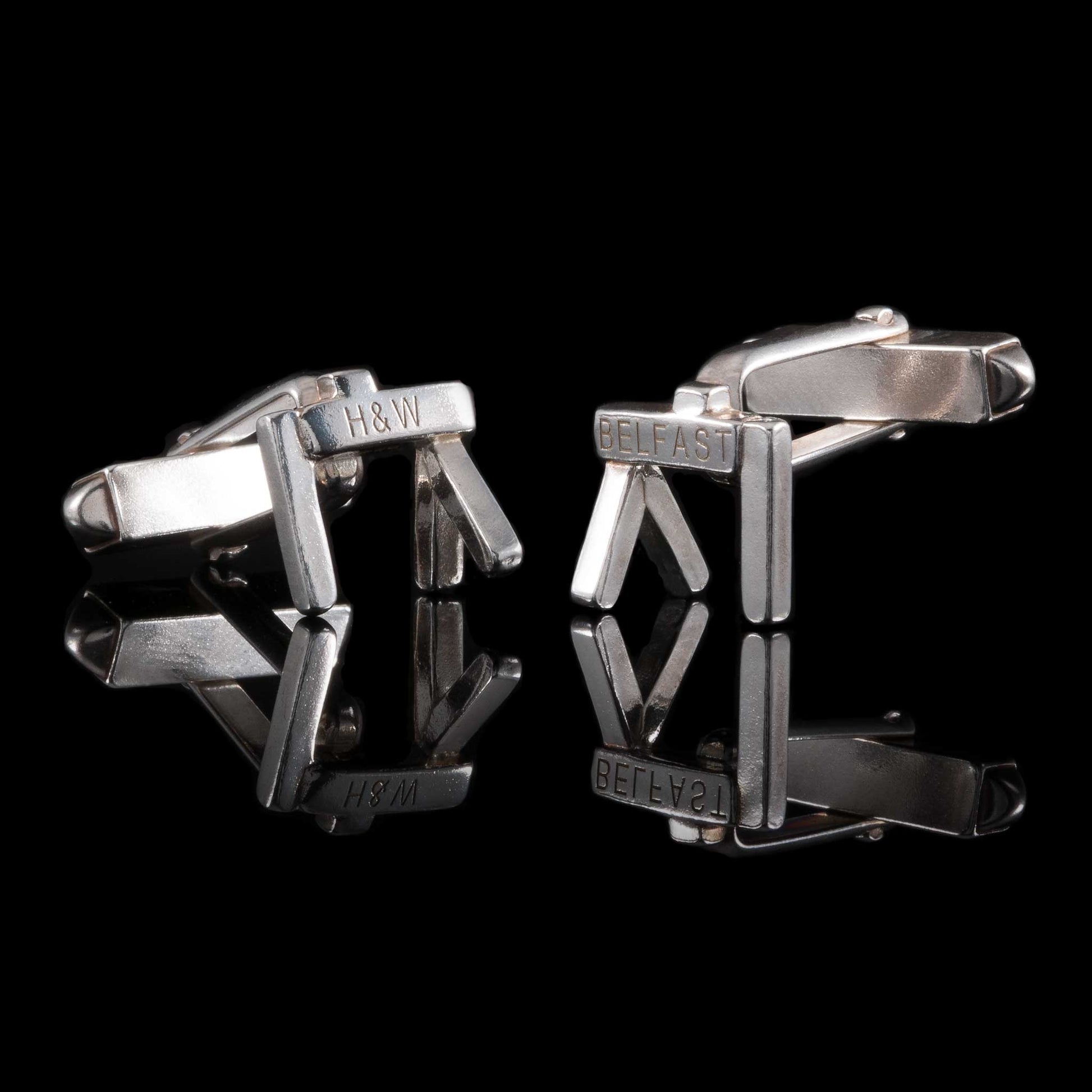 Personalised Silver Belfast Crane Cufflinks. Famous tourist and local landmark that can be worn for work, engagements, weddings and family special days. Irish Jewellery Designers