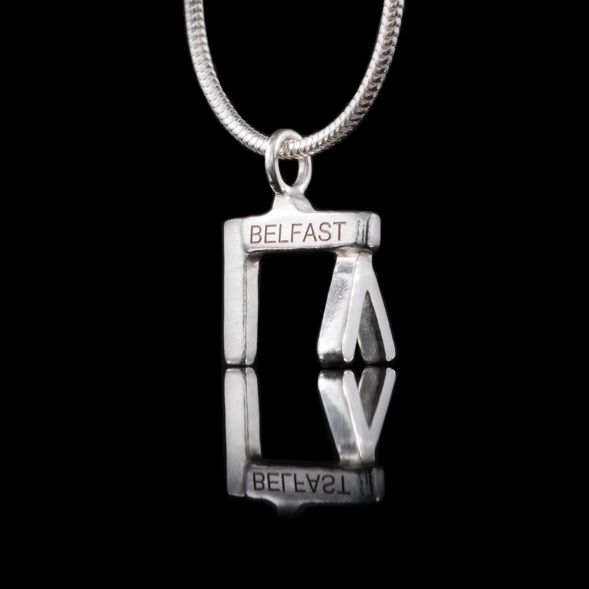 Belfast Crane Silver Necklace. Famous tourist and local landmark that can be worn for everyday or special occasions. Also great as a gift, which can be personalised, for engagements, weddings and special family days. Sterling Silver Personalised Pendant