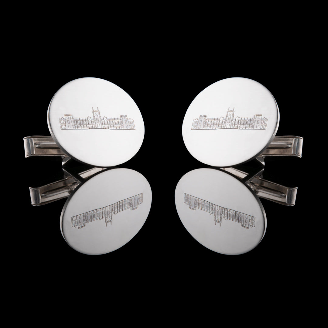 Queens University engraved silver hallmarked cufflinks.  Engraved with the famous Lanyon Building across the middle. 