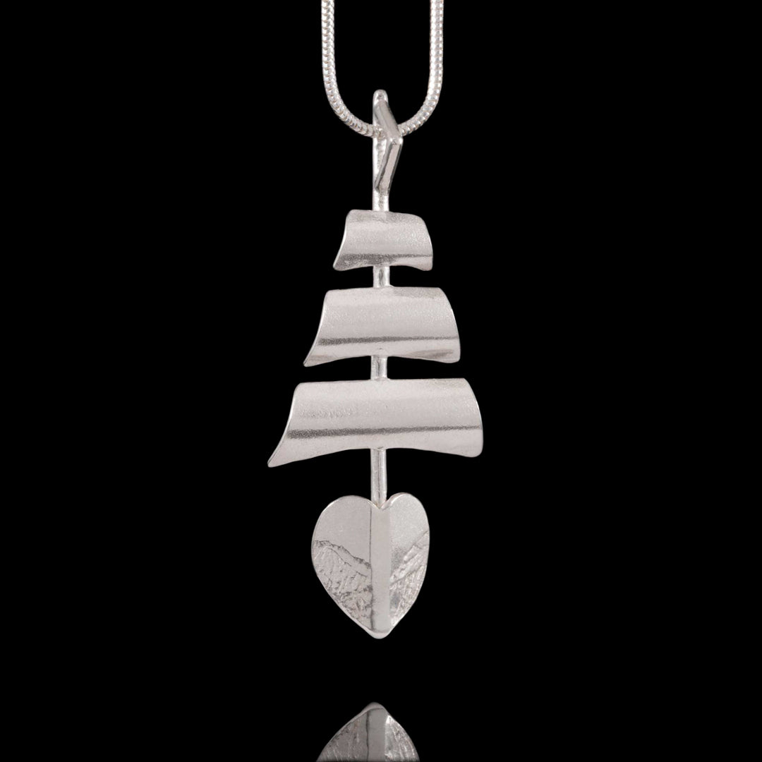 Tall Ships Silver Necklace on a snake chain.  Profile of a tail ship with the hull, mast and sails made in sterling silver by NI Silver.